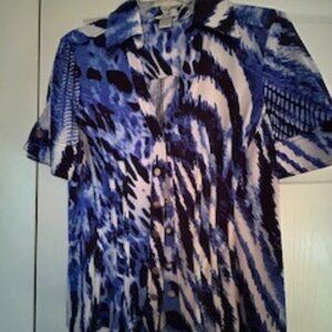Cache Short Sleeve Blue Animal Print Blouse